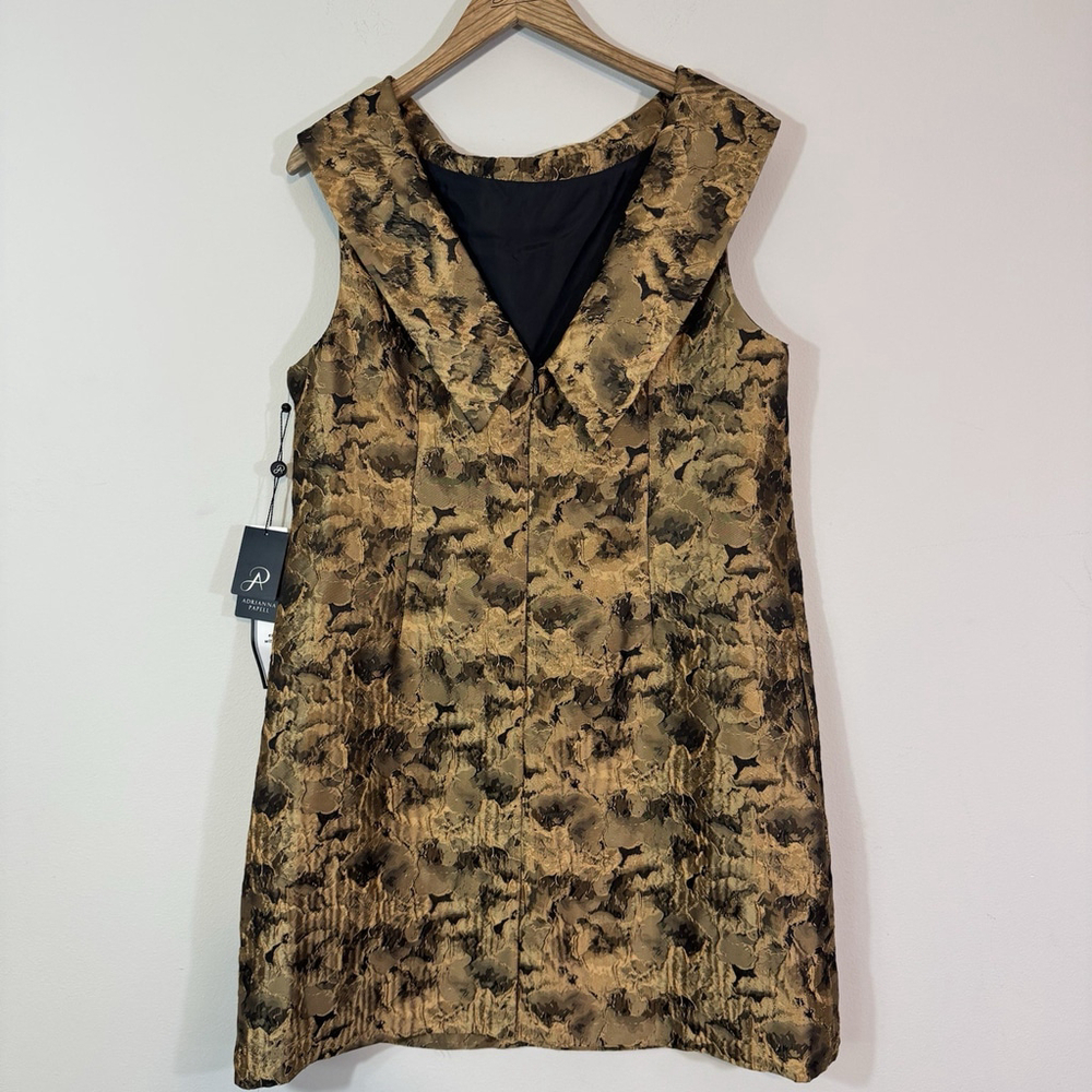 ADRIANNA PAPELL Bias Collar Shift Cocktail Dress Gold Black Size 14 - Picture 7 of 11